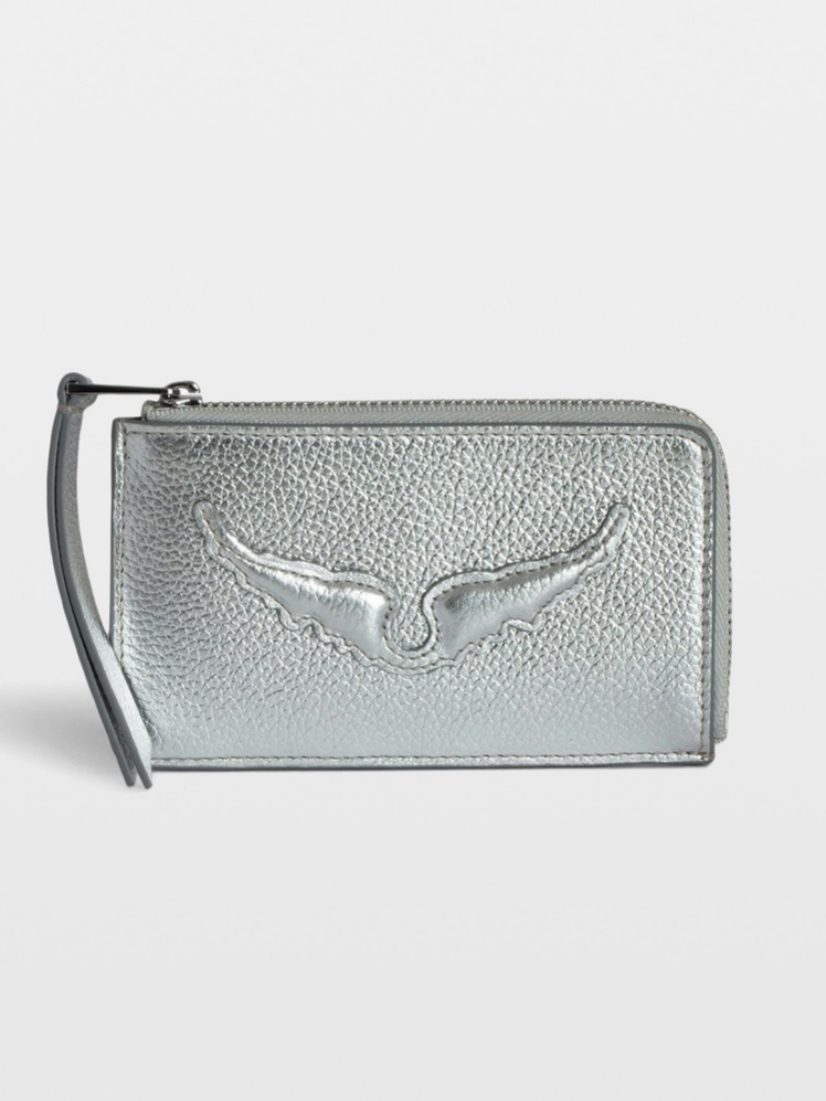 Zadig Silver Wing Embossed Zip Card Wallet